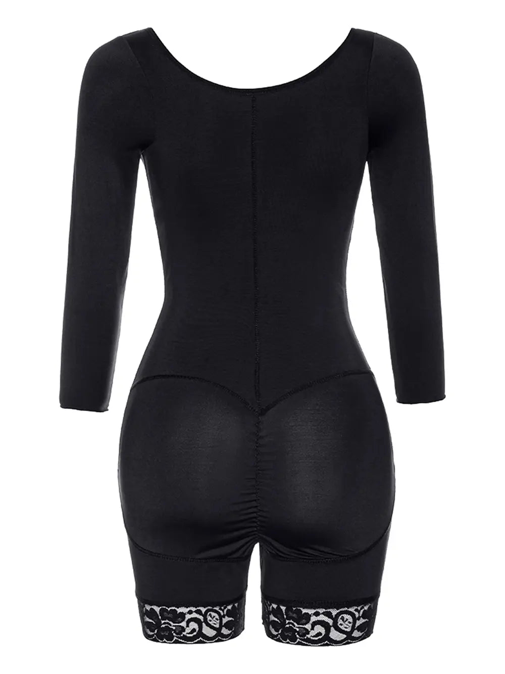 Sleeve detail of black lace panel shaper with soft fabric texture