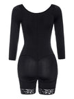 Sleeve detail of black lace panel shaper with soft fabric texture