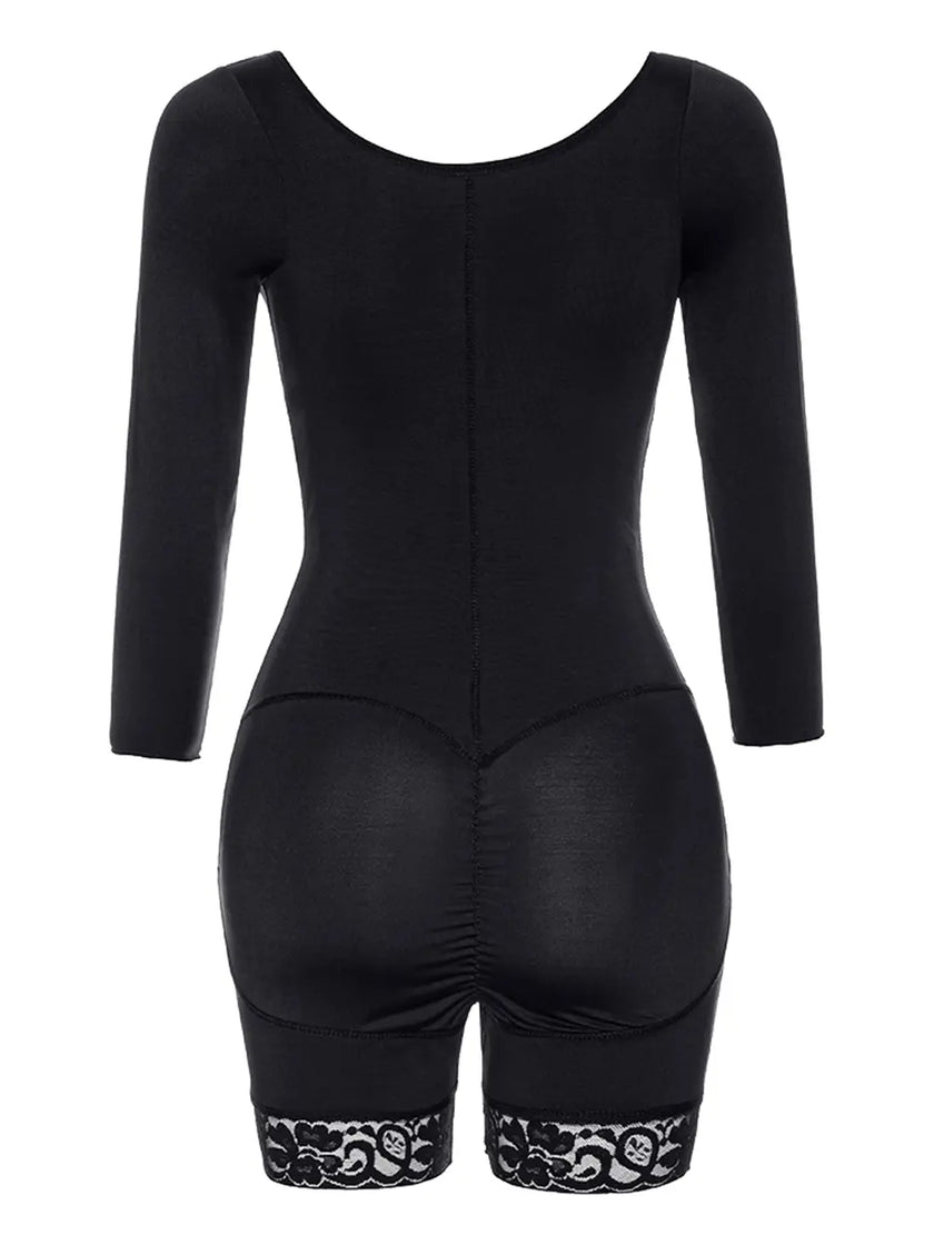 Sleeve detail of black lace panel shaper with soft fabric texture