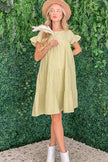 Lime green cotton gauze babydoll dress with ruffled tiered sleeves and loose fit
