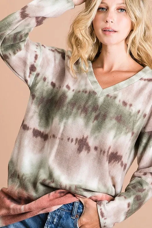 Stretchy boho tie-dye soft V-neck top in earthy green-mauve blend, relaxed fit for casual wear