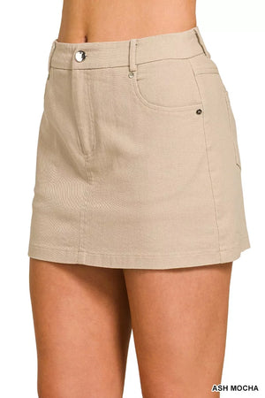 Beige ash mocha cotton twill mini skirt with pockets and button closure