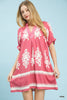 Pink mini dress with white border and floral print, ruffled sleeves, and loose linen fit.