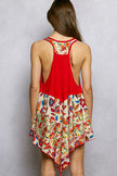 Red ribbed tank with colorful floral print patch backless design asymmetrical hem