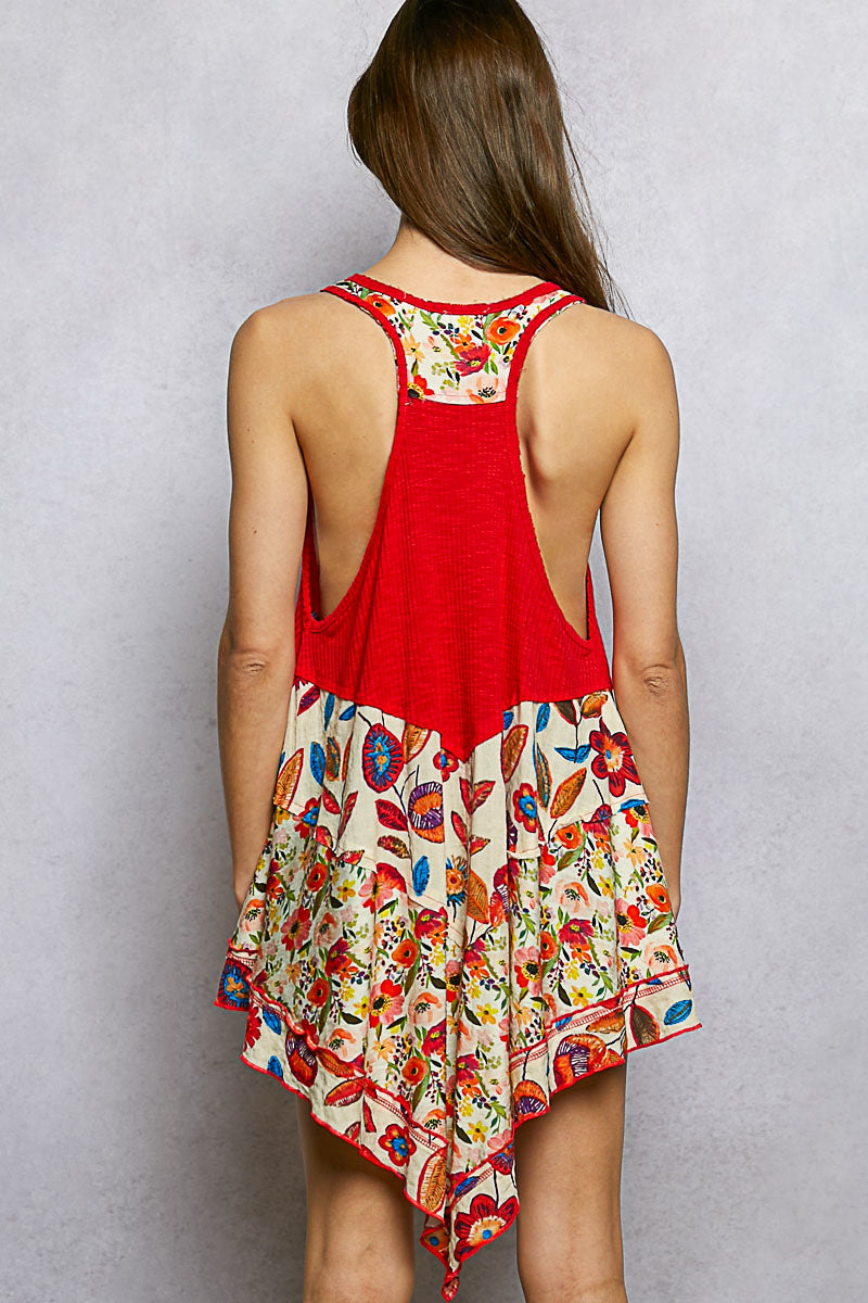 Red ribbed tank with colorful floral print patch backless design asymmetrical hem