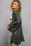 Gray openwork cardigan with scalloped hem, loose fit, textured knit fabric.