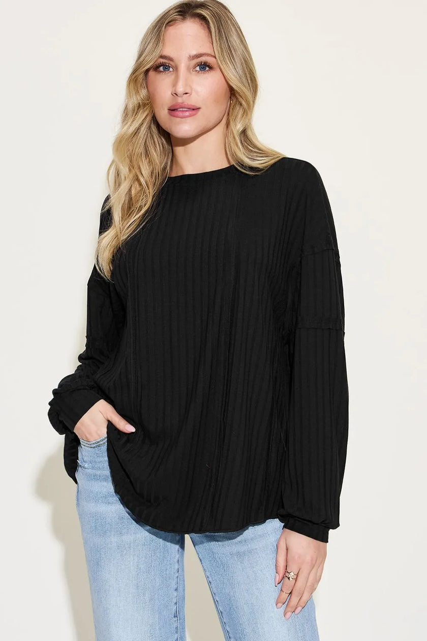 Detail of ribbed neckline on long sleeve shirt
