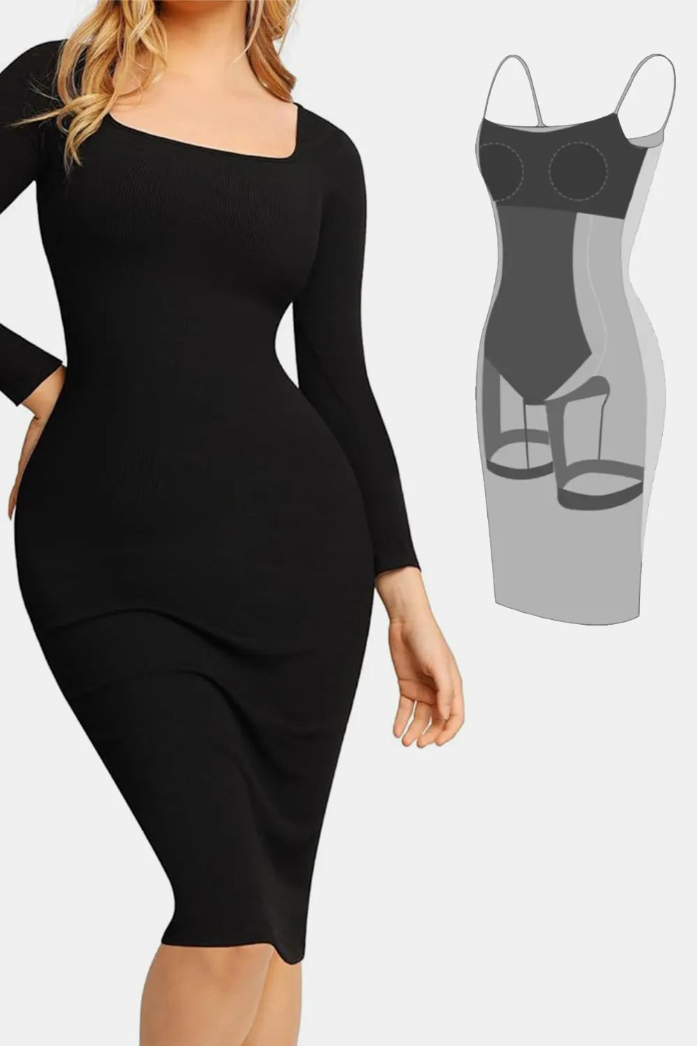Square neck maxi dress with long sleeves in modal fabric