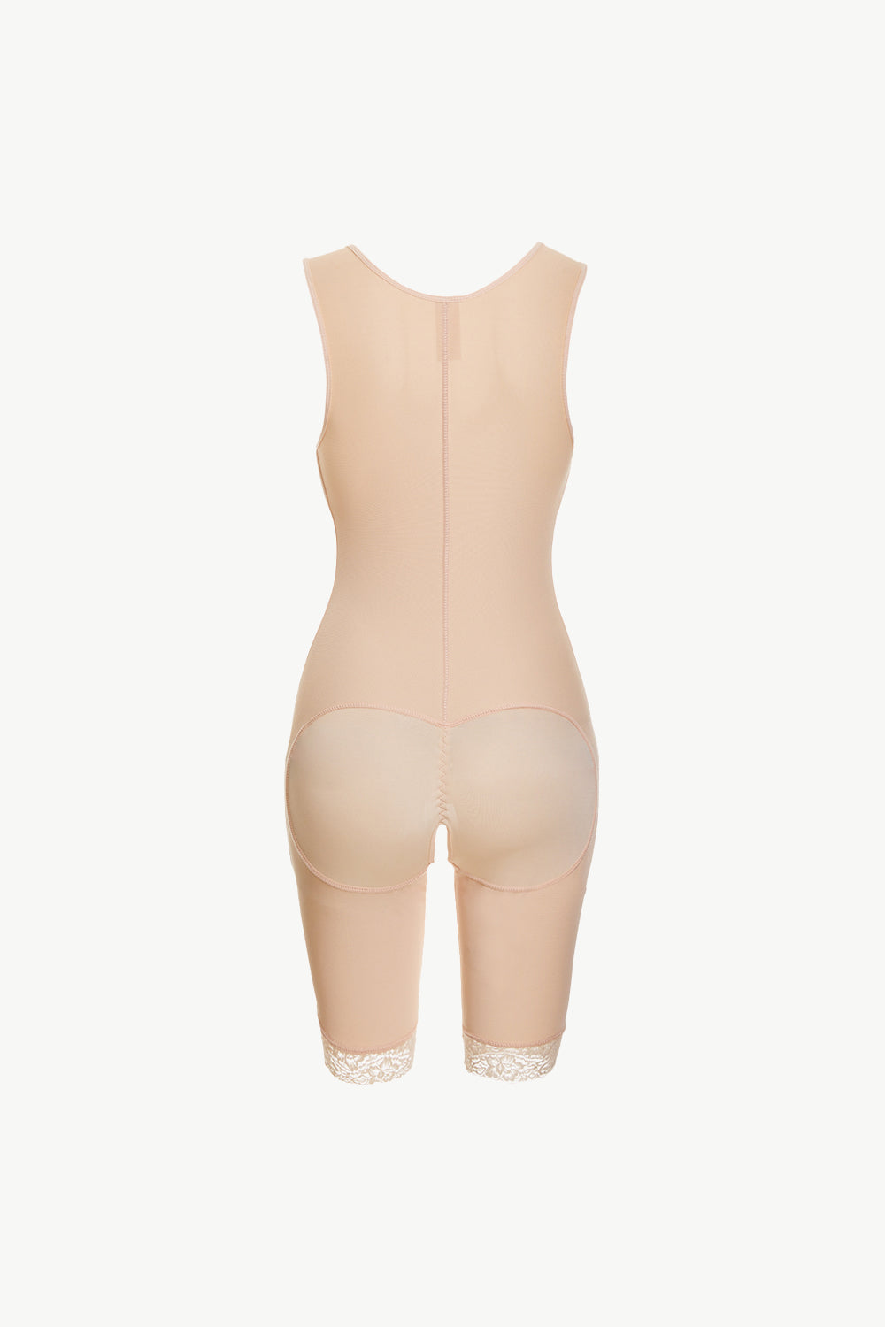 Lace bodysuit front close-up showing zipper and trim design
