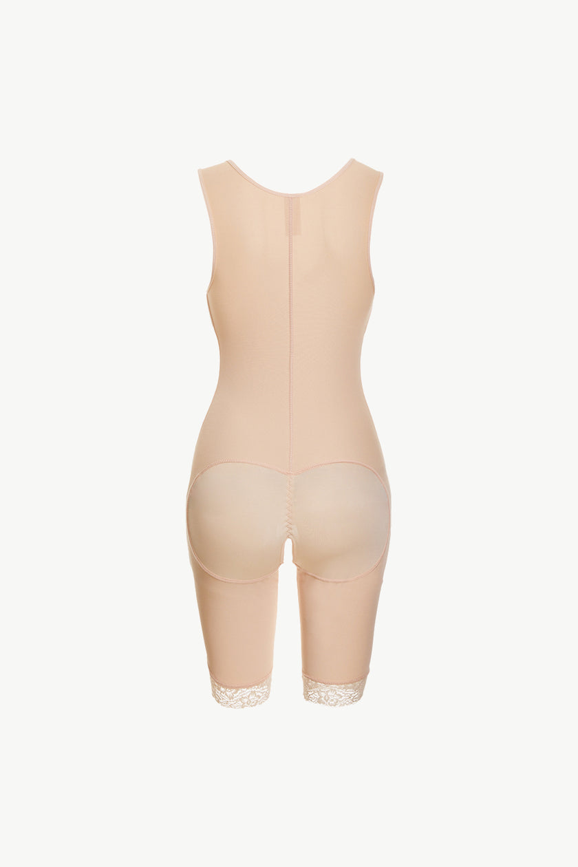 Lace bodysuit front close-up showing zipper and trim design