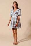 Light blue and white floral cotton dress with ruffled V-neckline and side tie waist