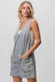Light-wash denim shortall with patch pockets and ribbed tank detail